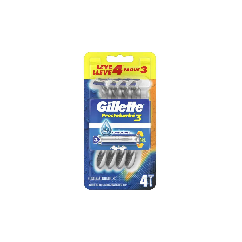 APARELHO DE BARBEAR DESCARTAVEL GILLETTE PRESTOBARBA3 4 UND 