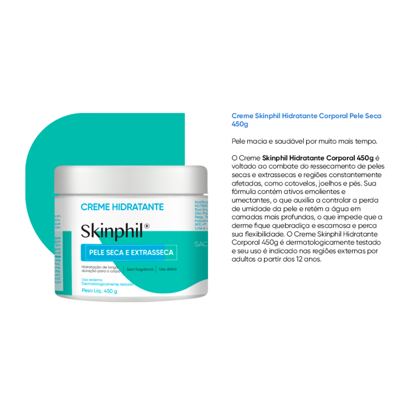 SKINPHIL DERMA CREME PELE SECA E EXTRASSECA COM 450G