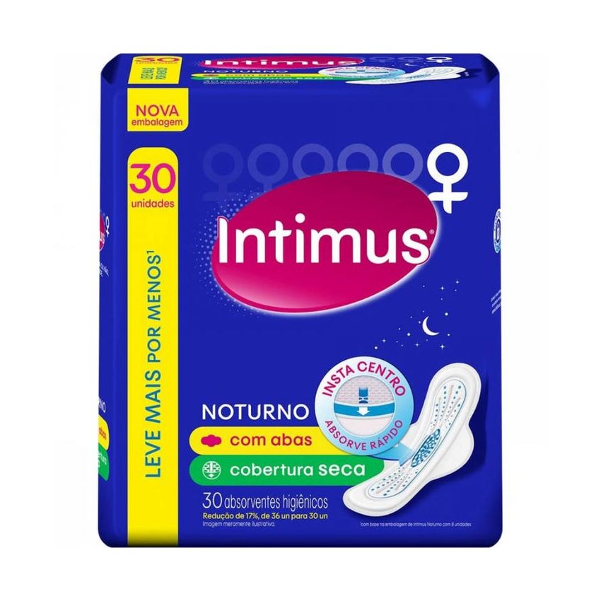 ABSORVENTE INTIMUS NOTURNO SECO COM ABAS COM 30 UNIDADES
