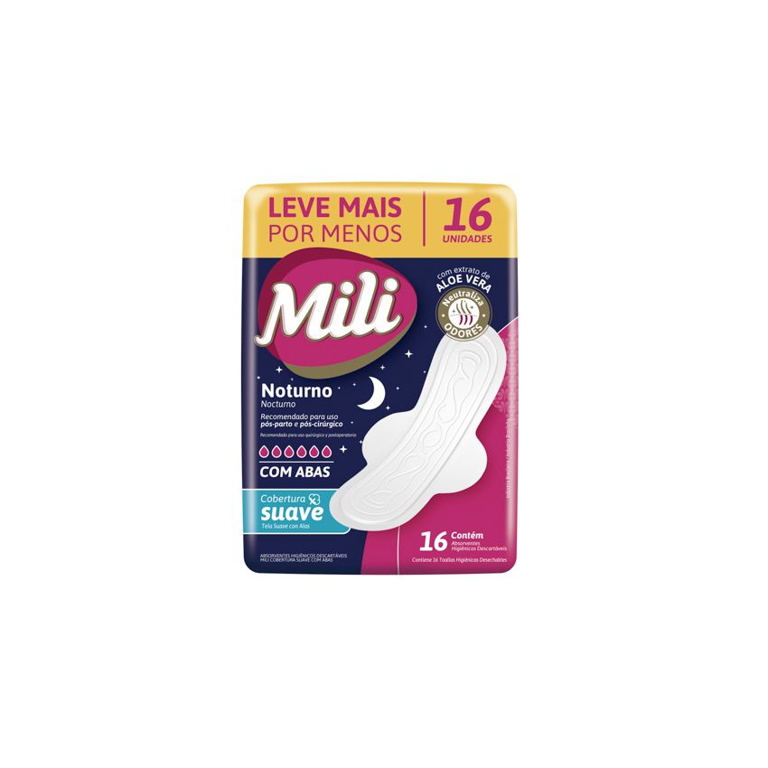 ABSORVENTE MILI NOTURNO SUAVE COM ABAS COM 16 UNI