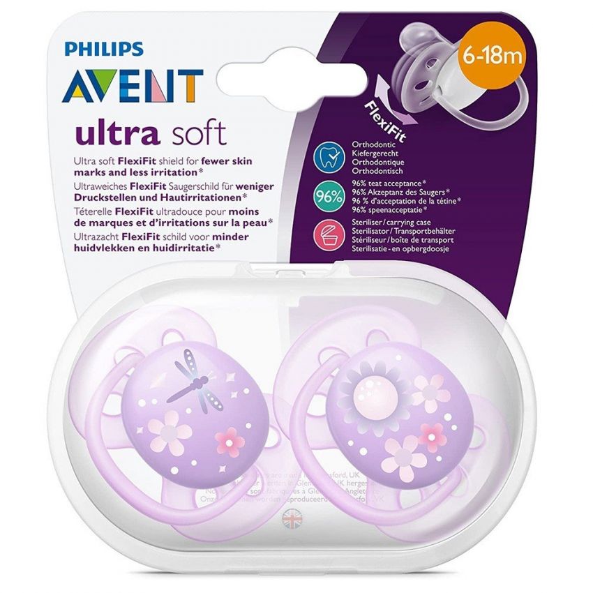 CHUPETA AVENT ULTRA SOFT DECORADA 6-18 MESES LILAS 2 UND