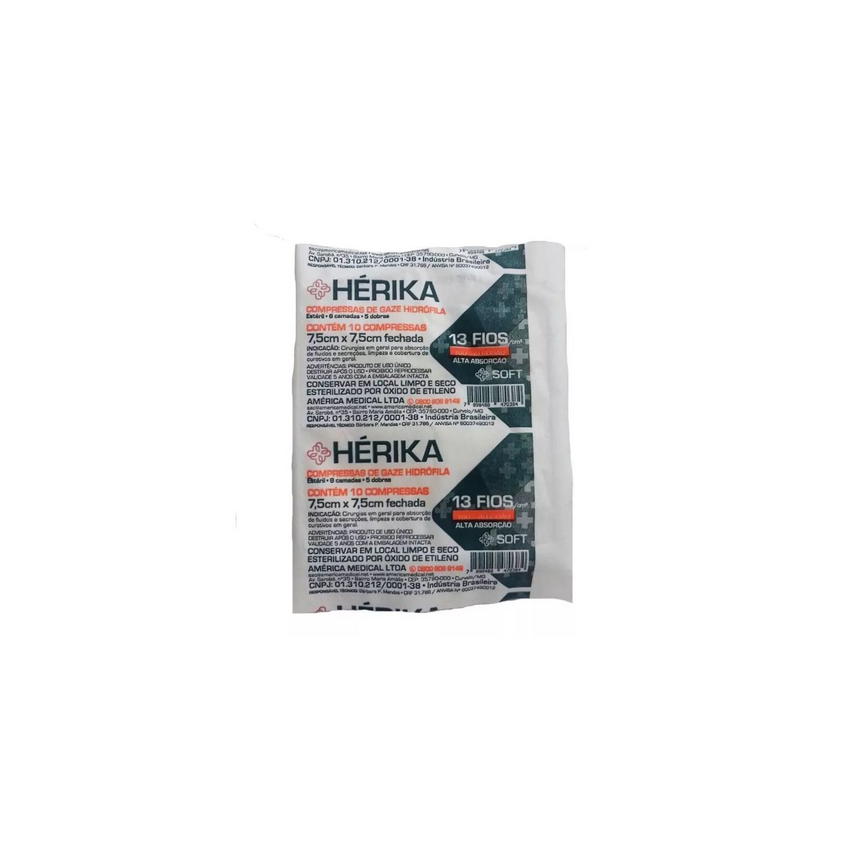 COMPRESSA DE GAZE ESTERIL HERIKA/AMERICA 13 FIOS COM 10 UNI
