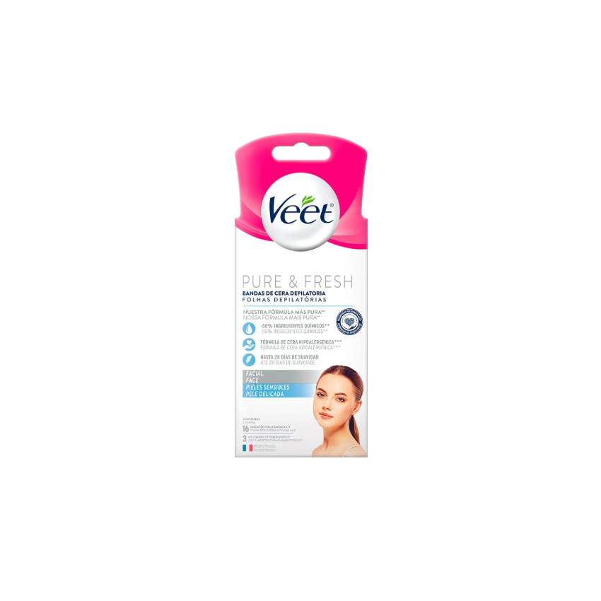 FOLHAS DEPILATORIA VEET PURE&FRESH FACIAL COM 16 UNIDADES