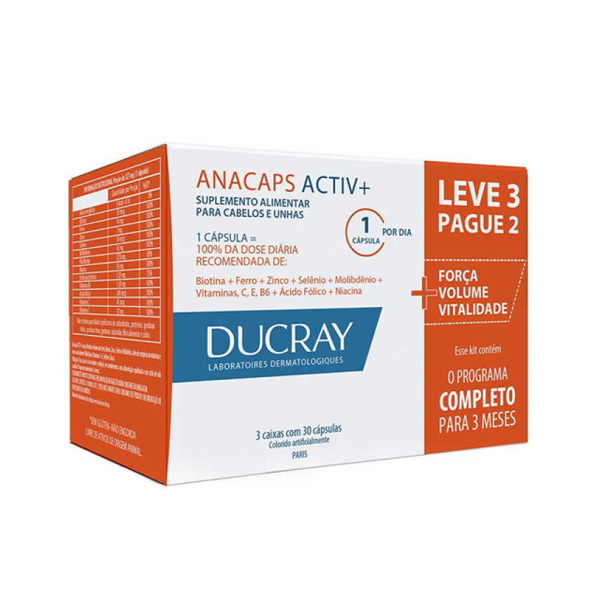 DUCRAY ANACAPS ACTIV KIT COM 3 CAIXAS COM 30 CAPSULAS 