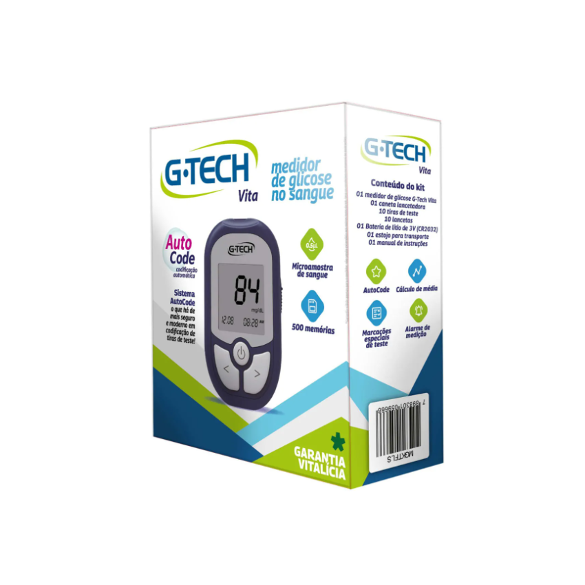 KIT APARELHO MEDIDOR DE GLICOSE VITA+10 TIRAS+10 LANC G-TECH
