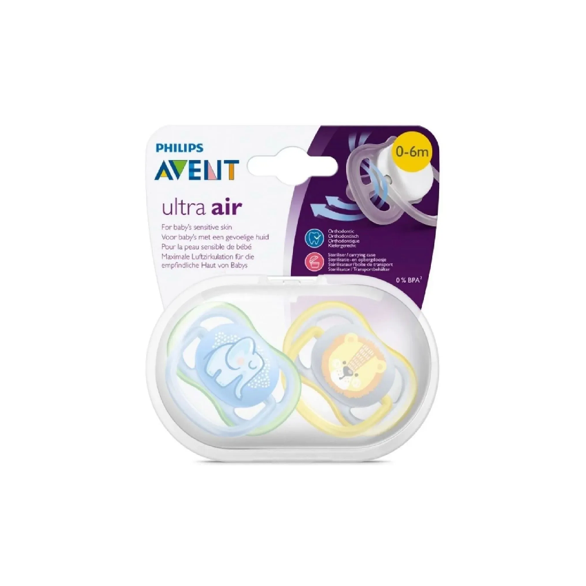 CHUPETA AVENT ULTRA AIR 0-6 MESES ELEFANTE E LEÃO AZUL 2 UND