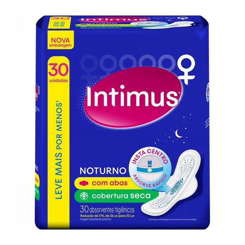 ABSORVENTE INTIMUS NOTURNO SECO COM ABAS COM 30 UNIDADES
