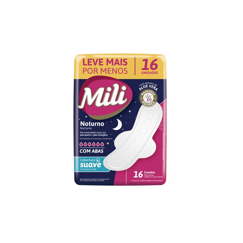 ABSORVENTE MILI NOTURNO SUAVE COM ABAS COM 16 UNI