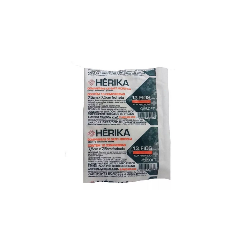 COMPRESSA DE GAZE ESTERIL HERIKA/AMERICA 13 FIOS COM 10 UNI