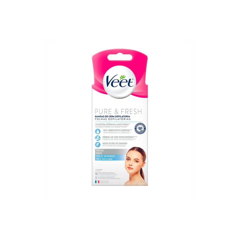 FOLHAS DEPILATORIA VEET PURE&FRESH FACIAL COM 16 UNIDADES