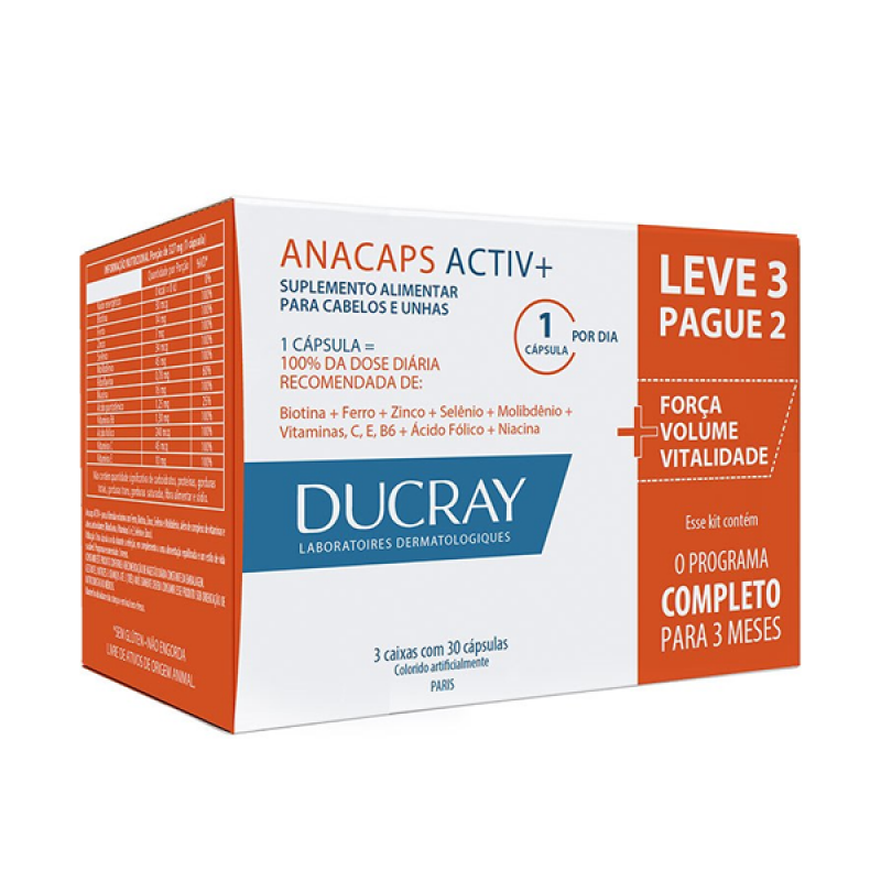 DUCRAY ANACAPS ACTIV KIT COM 3 CAIXAS COM 30 CAPSULAS 