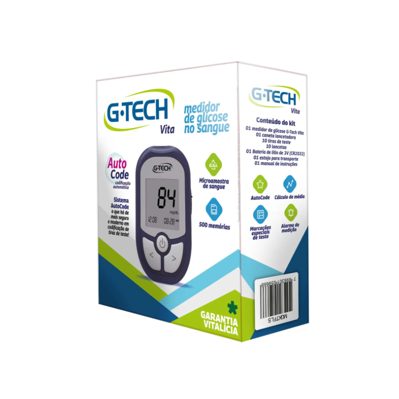 KIT APARELHO MEDIDOR DE GLICOSE VITA+10 TIRAS+10 LANC G-TECH