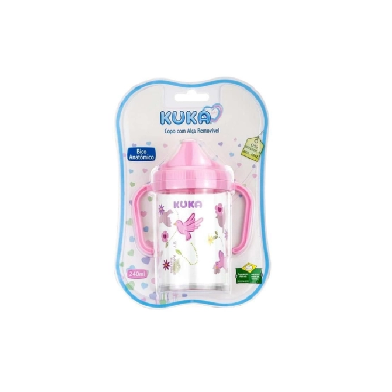 COPO KUKA INFANTIL COM ALÇA E BICO ANATÔMICO ROSA 240ML
