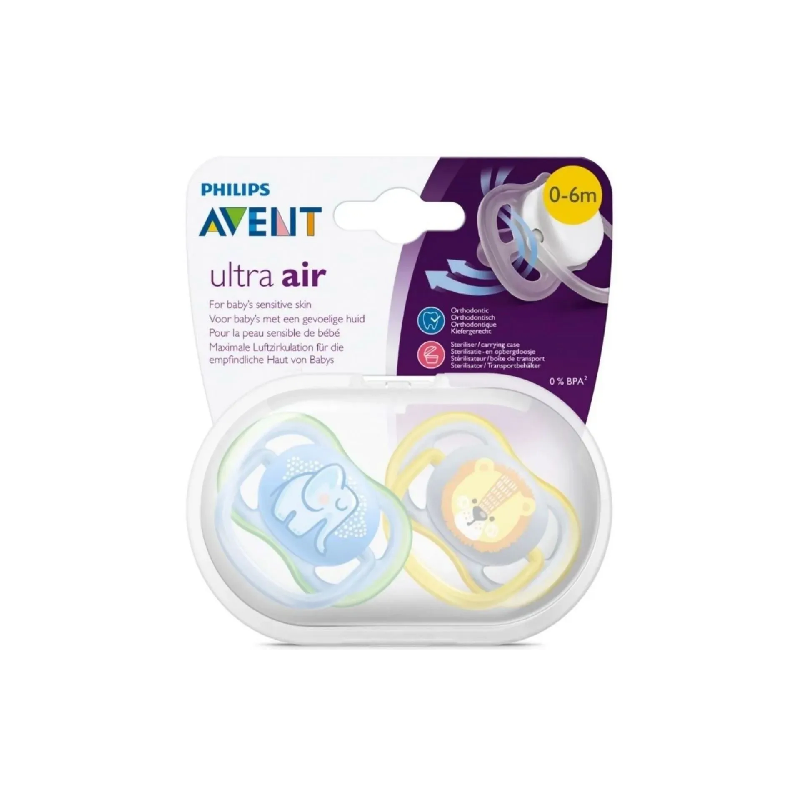 CHUPETA AVENT ULTRA AIR 0-6 MESES ELEFANTE E LEÃO AZUL 2 UND